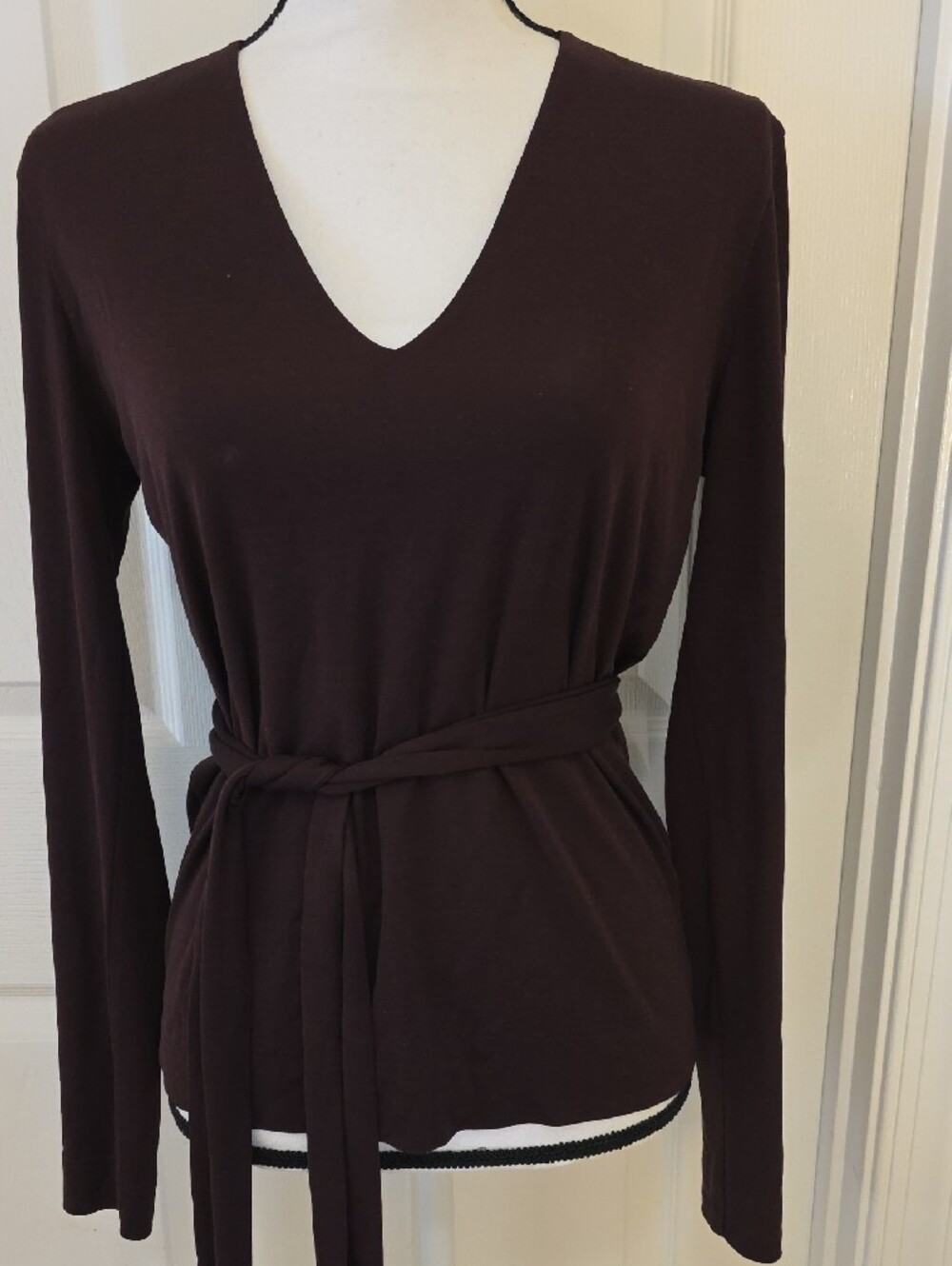 AKRIS 100% Silk Long Sleeve Top 2 Pc Tie Belt Mahogany Brown  8 Medium